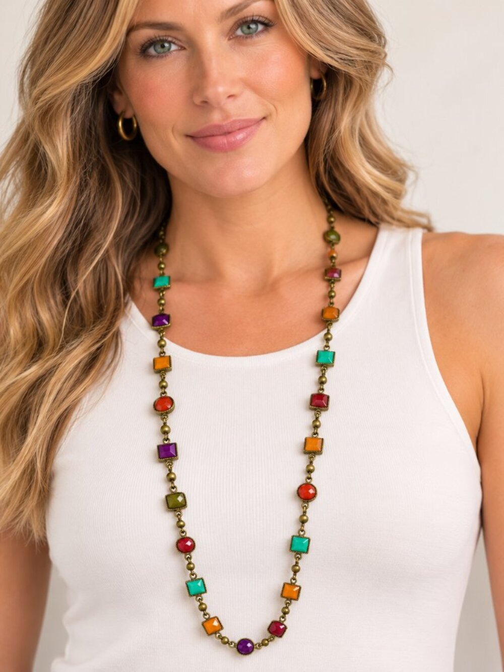 Premier Designs Retired Multicolor Station Necklace Antique Brass Faceted Glass